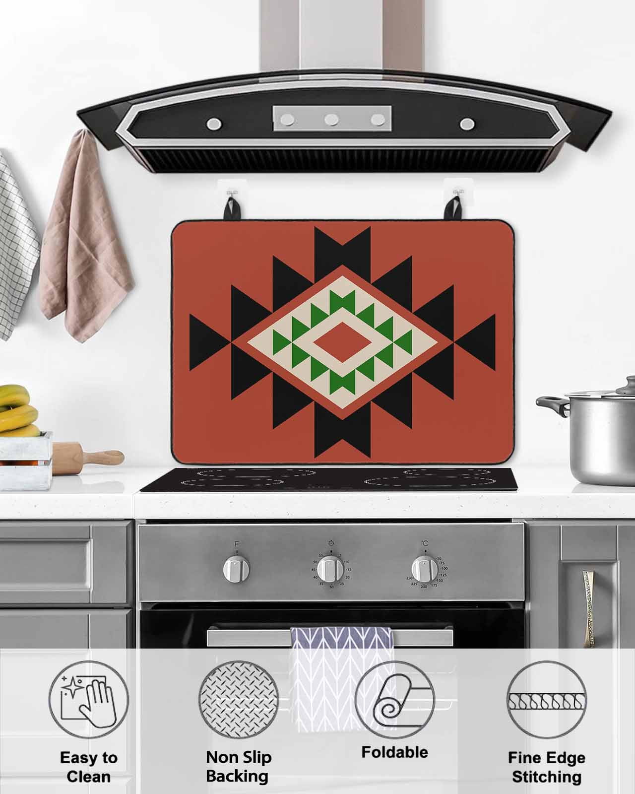 nqOlkjepod Large Induction Cooktop Protector Mat 24"x21", Red Black Green Boho Stove Top Covers for Electric Stove, Farmhouse Vintage Abstract Geometric Stove Burner Cover Mats Stove Cover