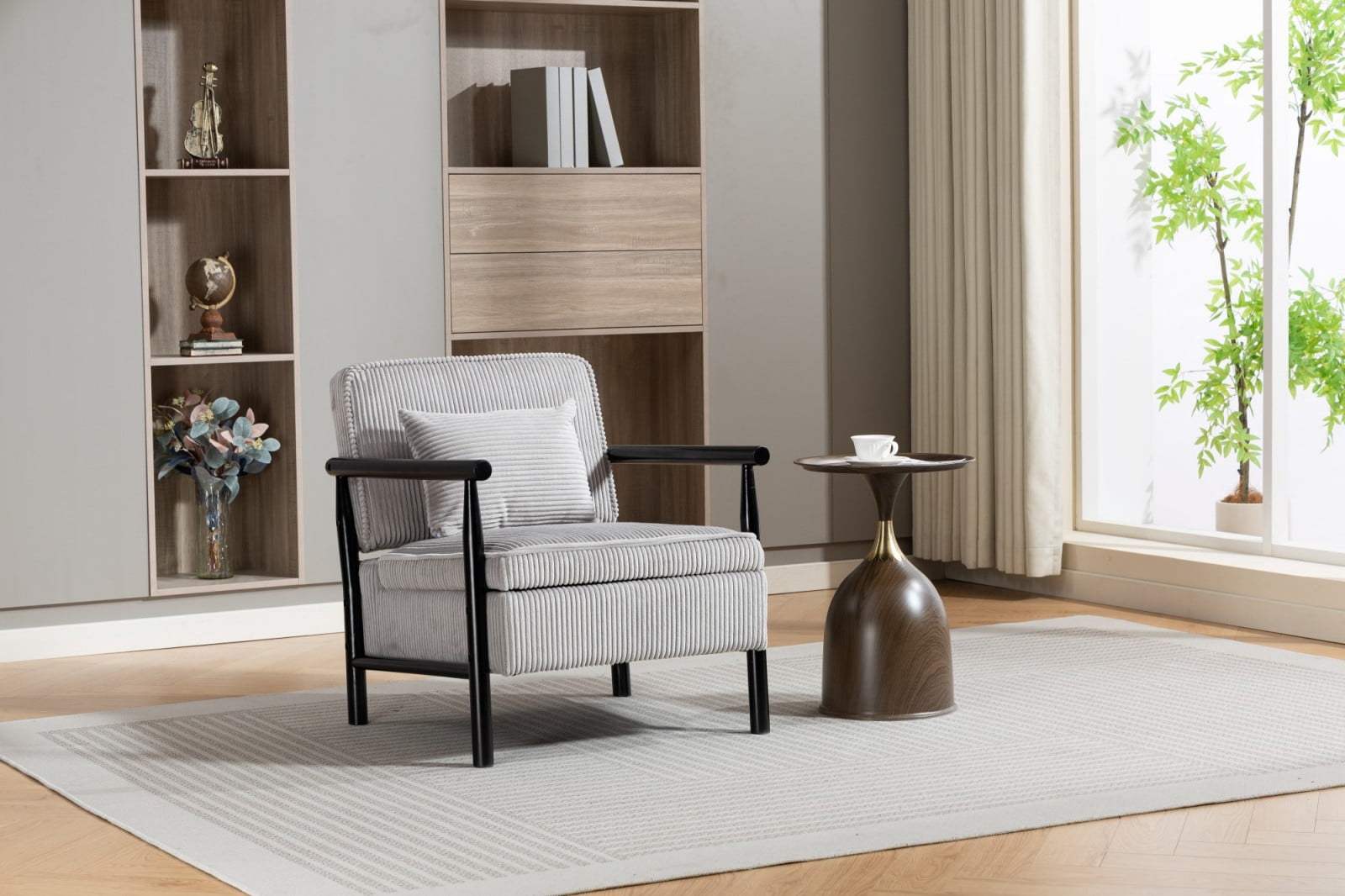 Storage Accent Chair Mid Century Modern Upholstered Armchair with Wood Frame & Waist Cushion for Living Room Bedroom Sunroom, Antique Grey