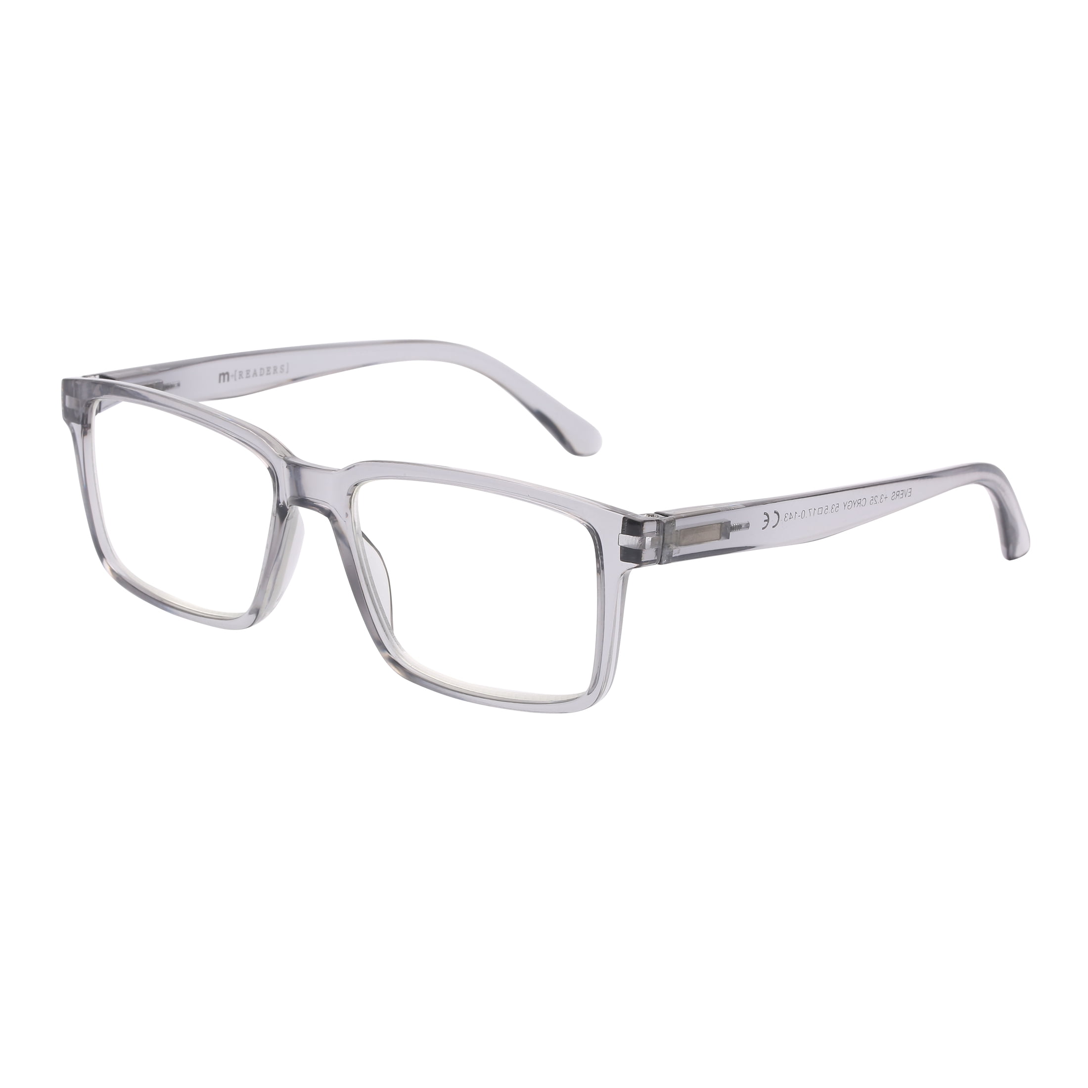M+ Unisex Spring Hinge Plastic Reading Glasses Crygy 1.75 Evers in Crystal Grey with Pouch