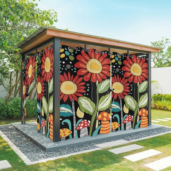 Spring Boho Outdoor Curtains for Patio Waterproof, Cartoon Red Flower Mushroom Colorful Dots Grommet Curtains for Porch Outside Privacy Drape for Gazebo Garden Pergola, 2 Panels, 54x108in