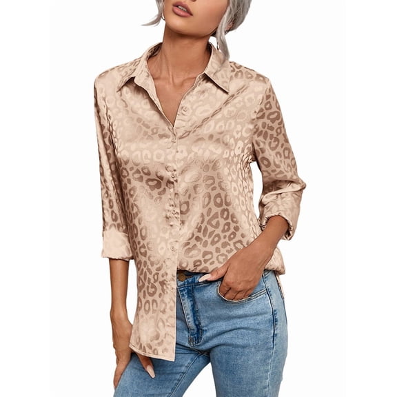 Womens Soft Satin Silk Leopard Button Down Shirts for Women Silky Long Sleeve Work Shirt Dress Blouses Tops Khaki S
