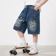thumbnail image 6 of Denim Shorts Elastic Waist Straight Leg Jeans Shorts Casual Loose Fit Denim Shorts with Pockets Shorts for Boys 14-15 Years, 6 of 8