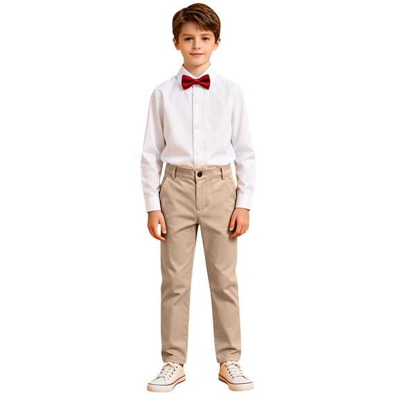 XKHAZA Boys Formal Outfits Two Piece Set Long Sleeve Lapel Shirt with Tie Slim Leg Pants Kids Graduation Gown 𝐂lassic School 𝐔niform