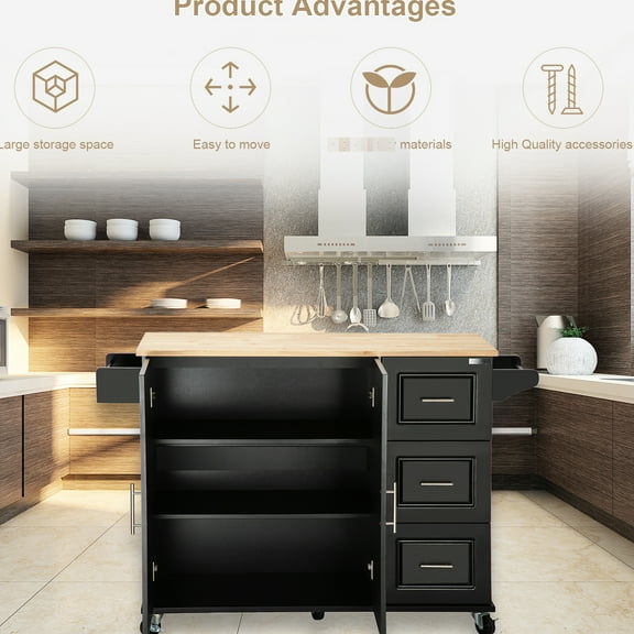 Kitchen Island Cart With Extendable Table Top, 3 Big Drawers, Cabinet Storage, Spice Rack, Towel And Mobile Large Adjustable Shelf, Holder, Construction