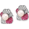 thumbnail image 2 of Sterling Silver Rh-Plated Pink Enamel 6-7Mm Fwc Pearl/Cz Flower Earrings (Width 15.5) (Length 16.5) - Jbsp, 2 of 5
