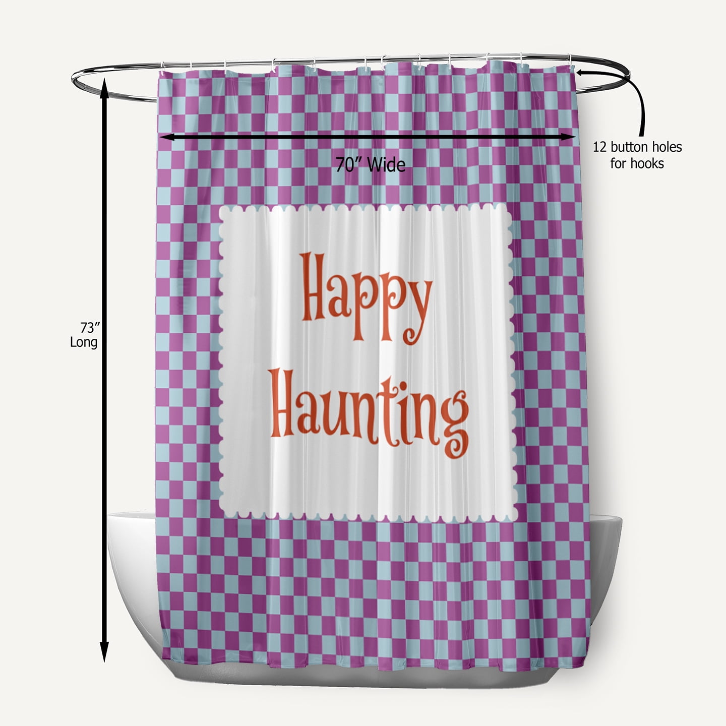Simply Daisy 70" W x 73" L Halloween Happy Haunting Checks Polyester Shower Curtain, Orchid [1 Ct]