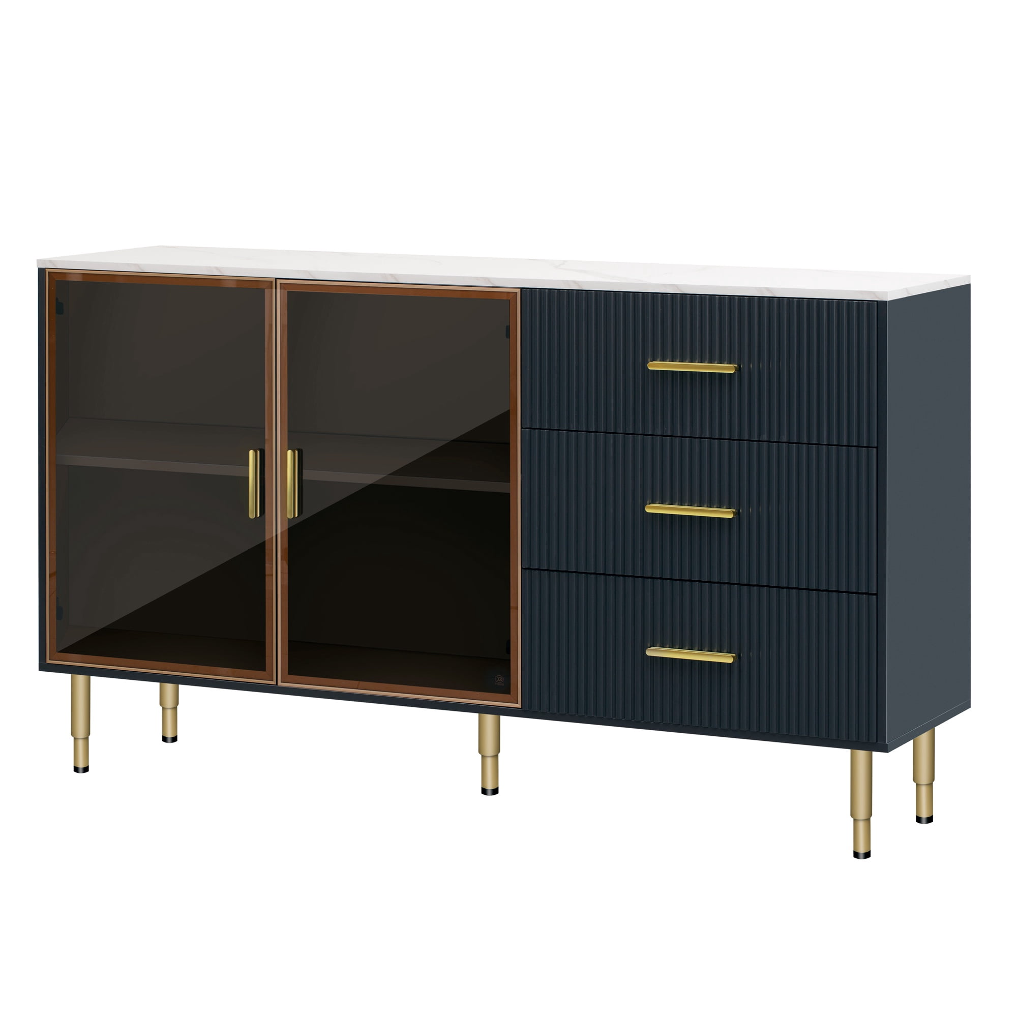 PORKISS Sideboard Cabinet, Wood Sideboard Buffet Cabinet with Marble Sticker Tabletop and Amber-yellow Glass Doors, Modern Storage Cabinet with Metal Legs and Handles, Navy Blue