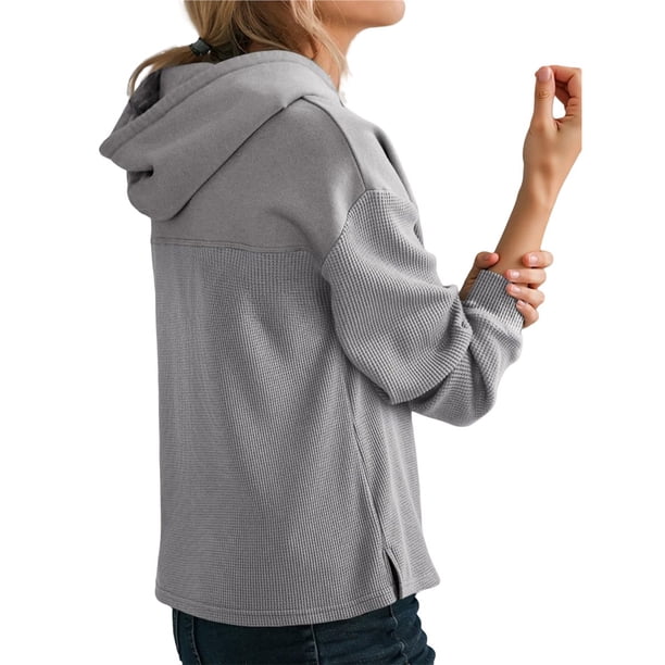 Sudadera con Capucha para Mujer, Informal, de Punto Gofre, de Larga, con Cordón Ajustable, Ligera, con Capucha Gris L