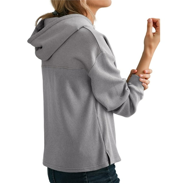Sudadera con Capucha para Mujer, Informal, de Punto Gofre, de Larga, con Cordón Ajustable, Ligera, con Capucha Gris L