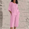 thumbnail image 2 of UAMVSH Womens Plus Size Capri Sets Cotton Linen 2 Piece Outfits Soft 3/4 Sleeve Side Slit Pullover Tops Cropped Shorts with Pockets(Large,Pink 2), 2 of 5
