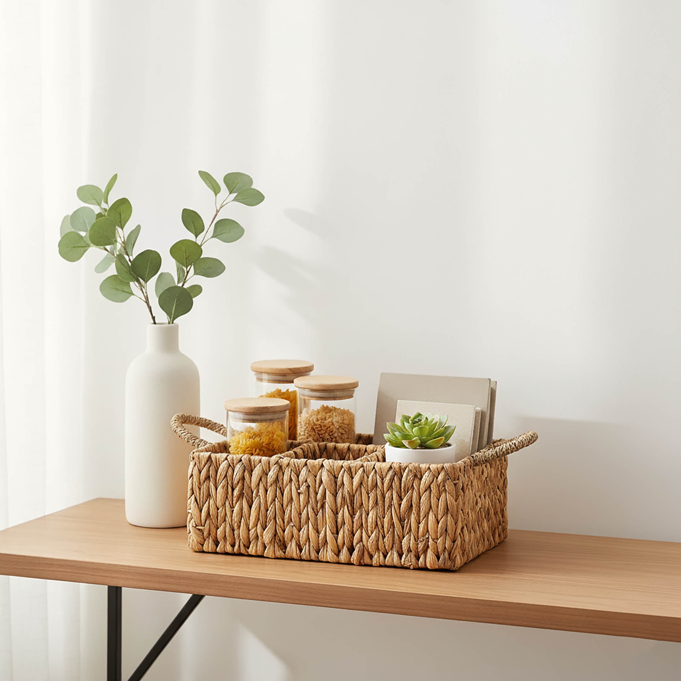 Laquedecraft Wicker 4 Section Rectangular Divided Storage Basket  for Organizing Bathroom Kitchen Shelves