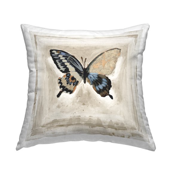 Stupell Industries Vintage Butterfly on Beige Square Decorative Printed Throw Pillow, 18 x 18