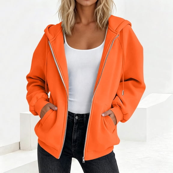 Caywon Women's Full-Zip Hoodie Sweatshirt, Relaxed Fit Long Sleeve Hooded Top with Kangaroo Pockets, Solid Color Casual Athletic Jacket for Workout, Lounge & Daily Wear