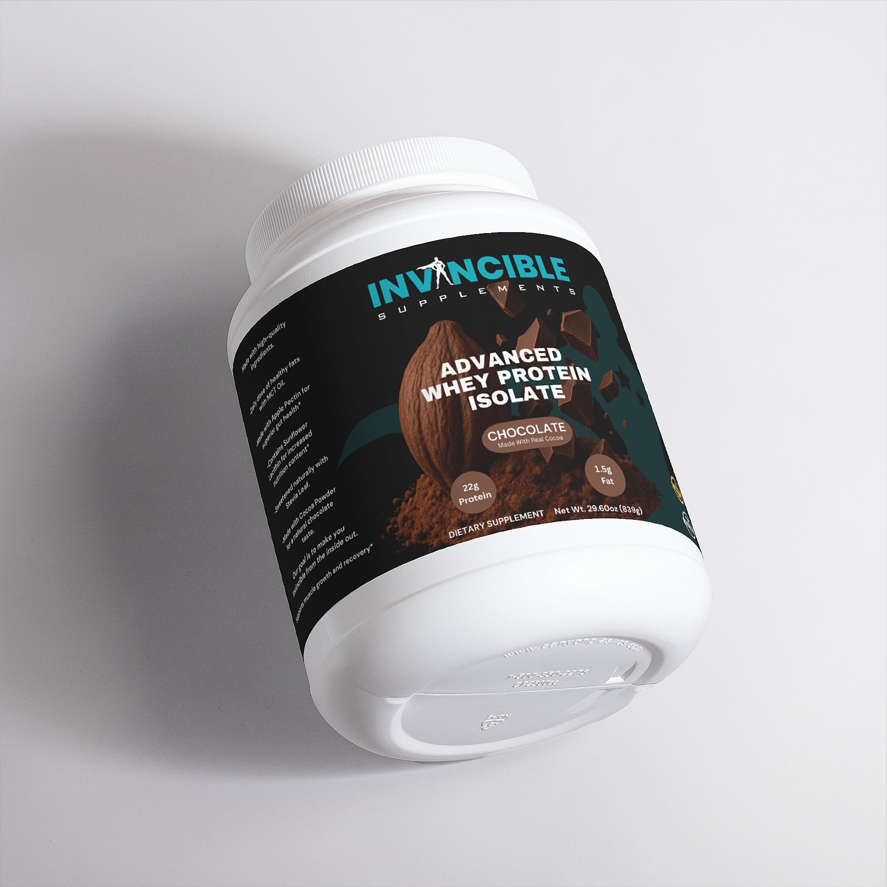 Invincible Supplements Advanced 100% Whey Protein Isolate, Chocolate — 22g Protein per Serving with Apple Pectin & MCT Oil