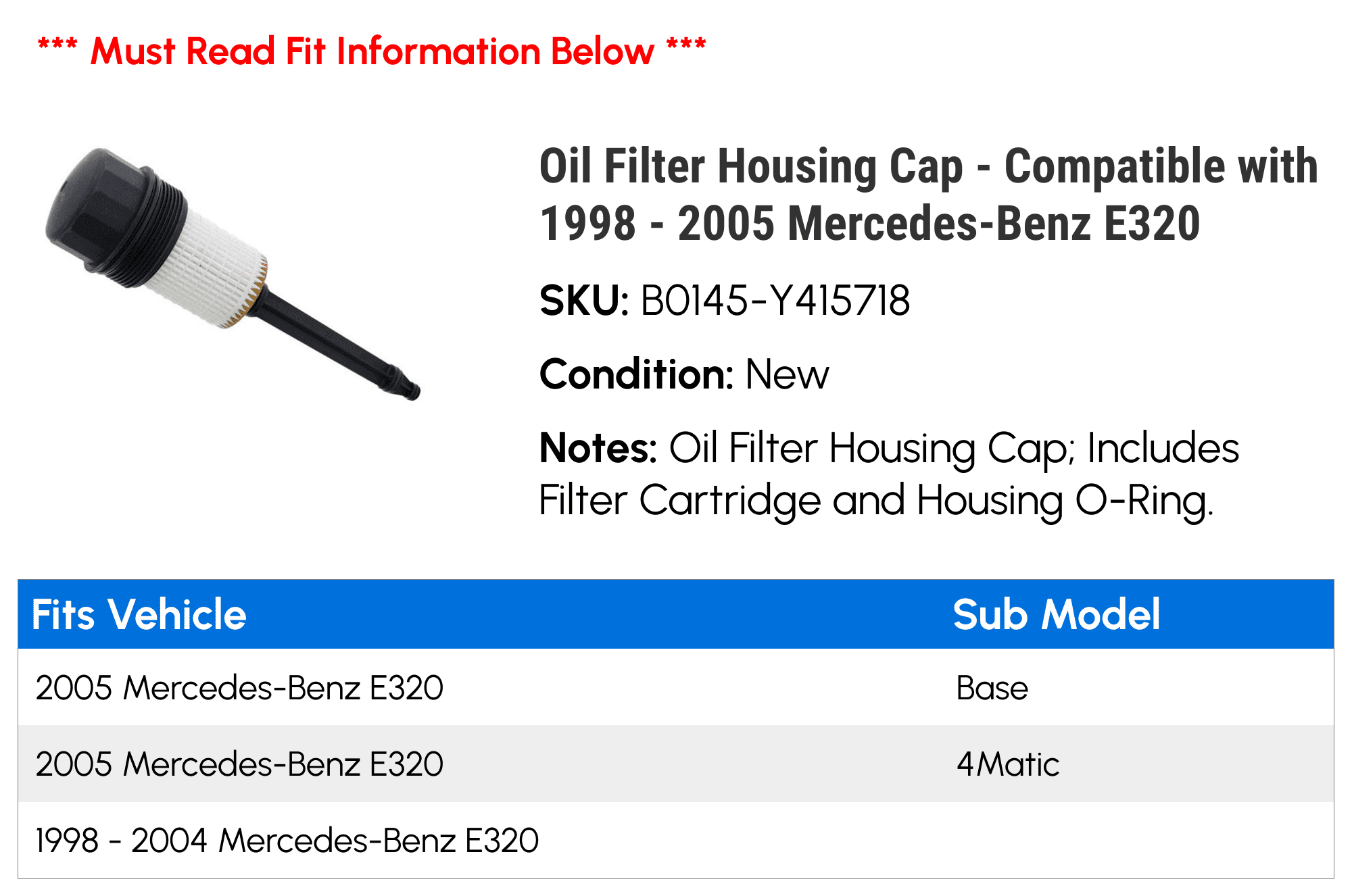 Oil Filter Housing Cap - Compatible with 1998 - 2005 Mercedes-Benz E320 - JL