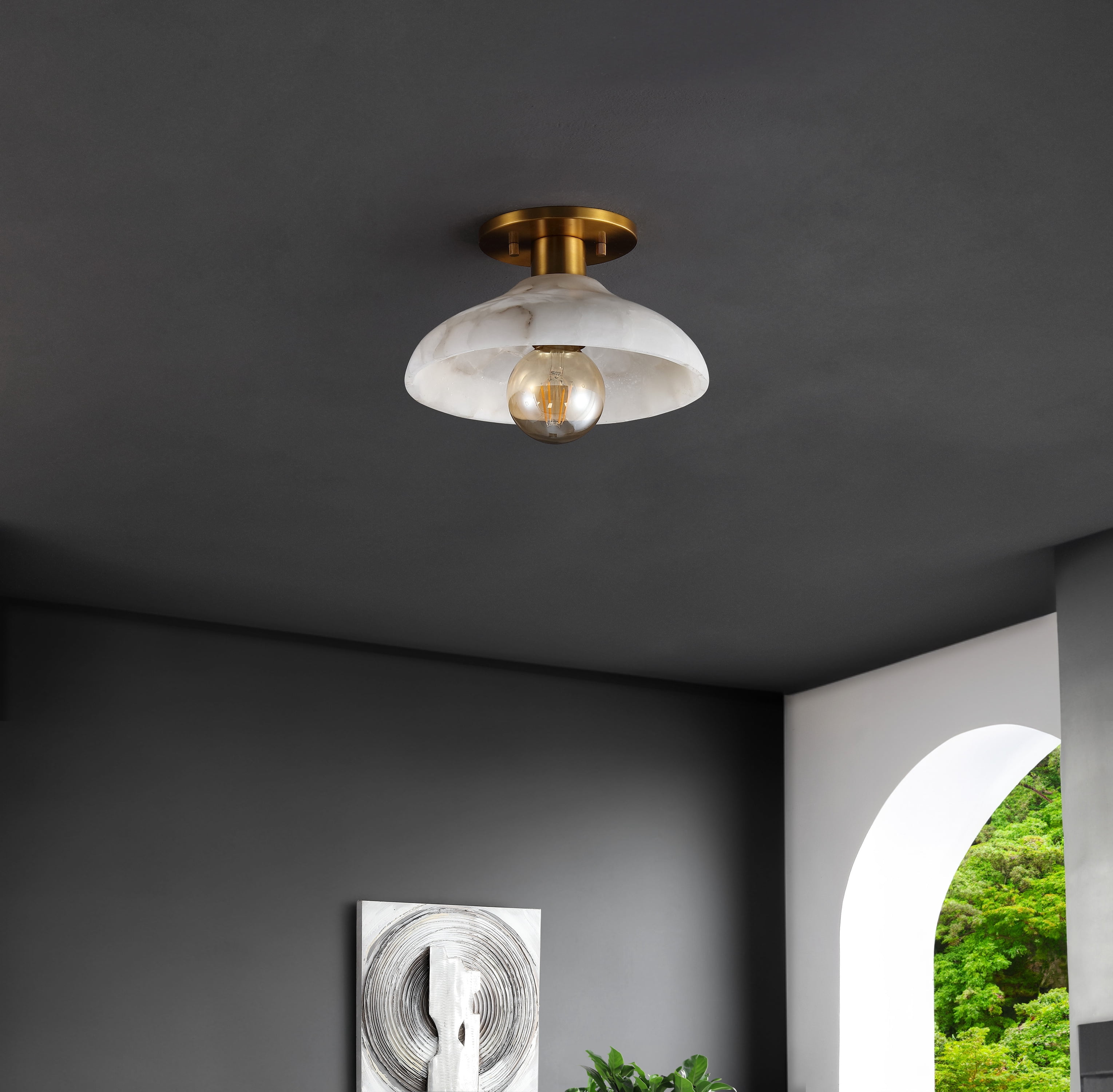 JONATHAN Y Amara 10" 1-Light Mid-Century Classic Alabaster/Iron LED Semi Flush Mount, White/Brass Gold