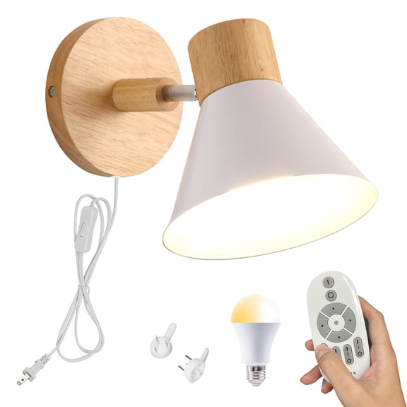 Kiven Plug in Wall Lamp,Dimmable Modern Plug in Wall Sconce with White Iron Lampshade and Remote Control, 5.9ft Plug-in Cord, E26 Socket