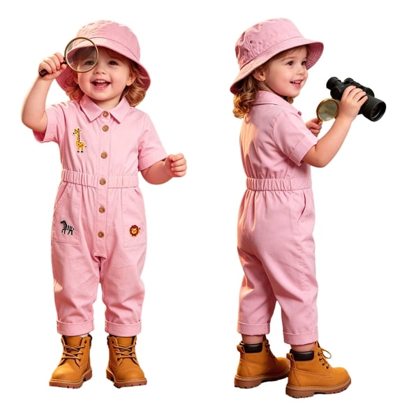 Miaeowve Toddler Kids Wild One Birthday Outfit One Piece Zookeeper Jumpsuit Button Down Coveralls Pink 18-24M