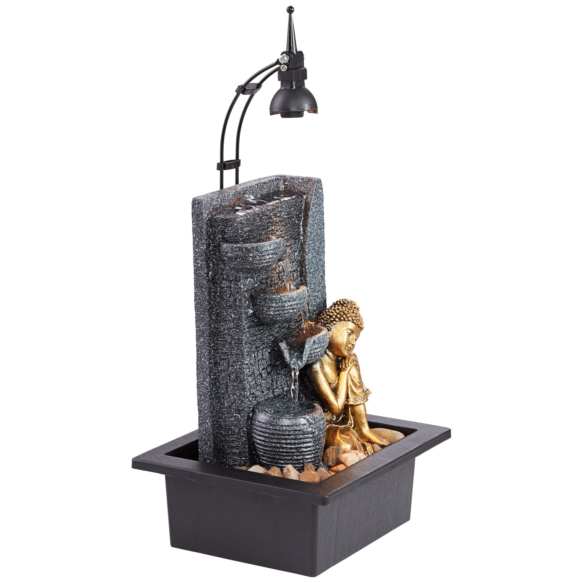 Kneeling Gold Buddha 17" High Small Zen Asian Indoor Outdoor Decor Faux Stone Tabletop Fountain with Light LED