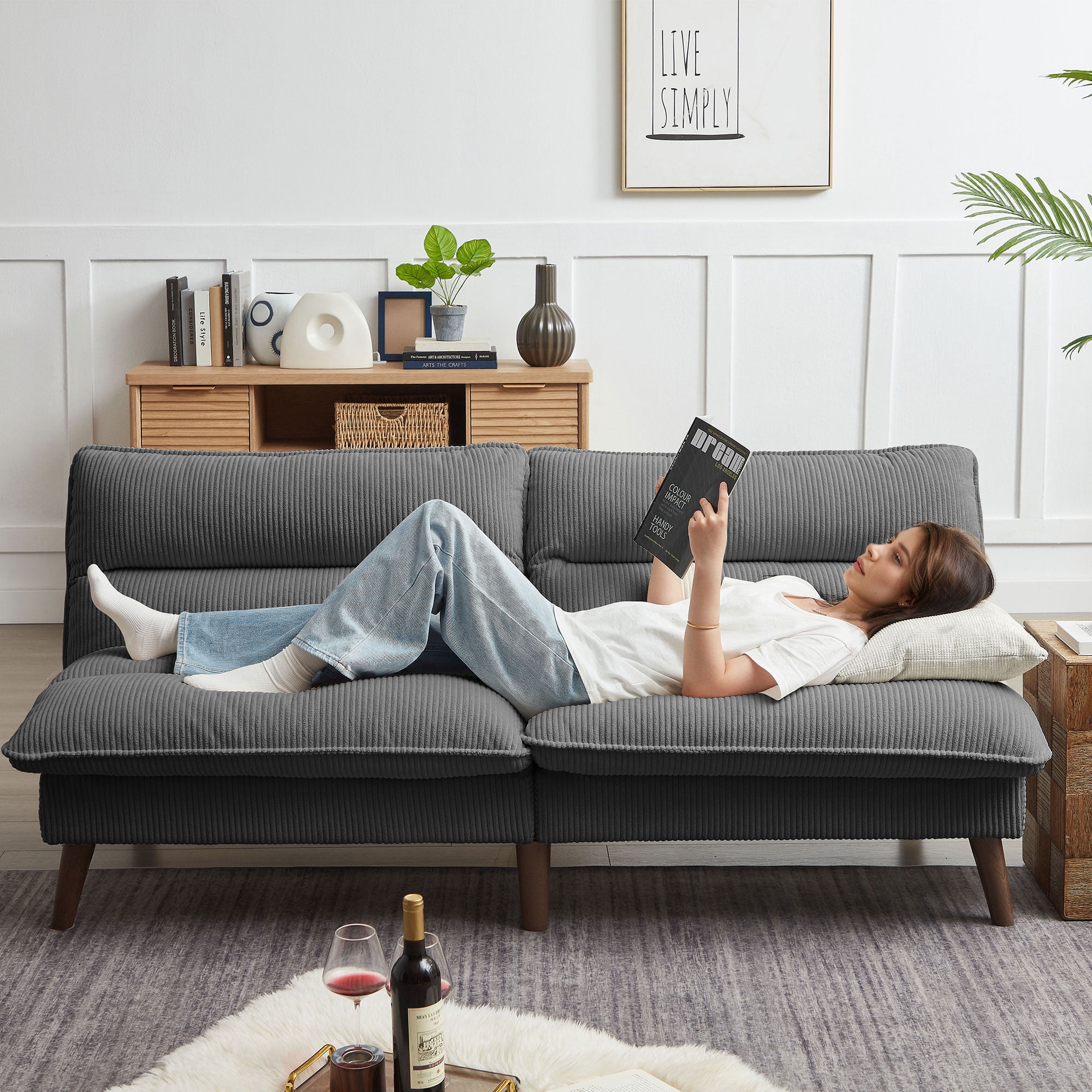 Jarenie Chireca 72" Futon Sofa Bed, Convertible Futon Couch with Adjustable Backrest, Modern Corduroy Futon Sleeper Sofa for Small Spaces, Living Room, Office, Darkgrey
