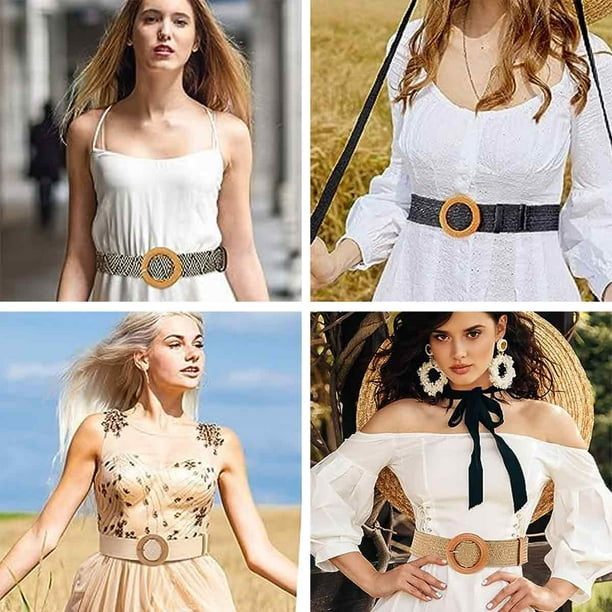 Women Straw Waist Belt，2 Pcs Elastic Waist Band Boho Braided Skinny Dress Belt 2 Pieces Women Straw Woven Elastic Stretch Waist Belt Skinny  main image 4