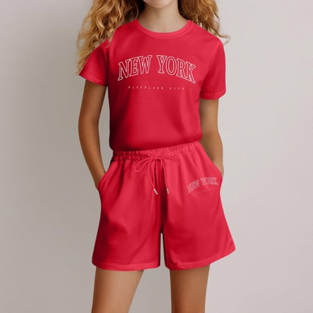 Girls Outfit Sports Letter Print Short Sleeve Crew Neck Top With Shorts 2Pcs Girls Clothing Sets Red Size 9-10 Y