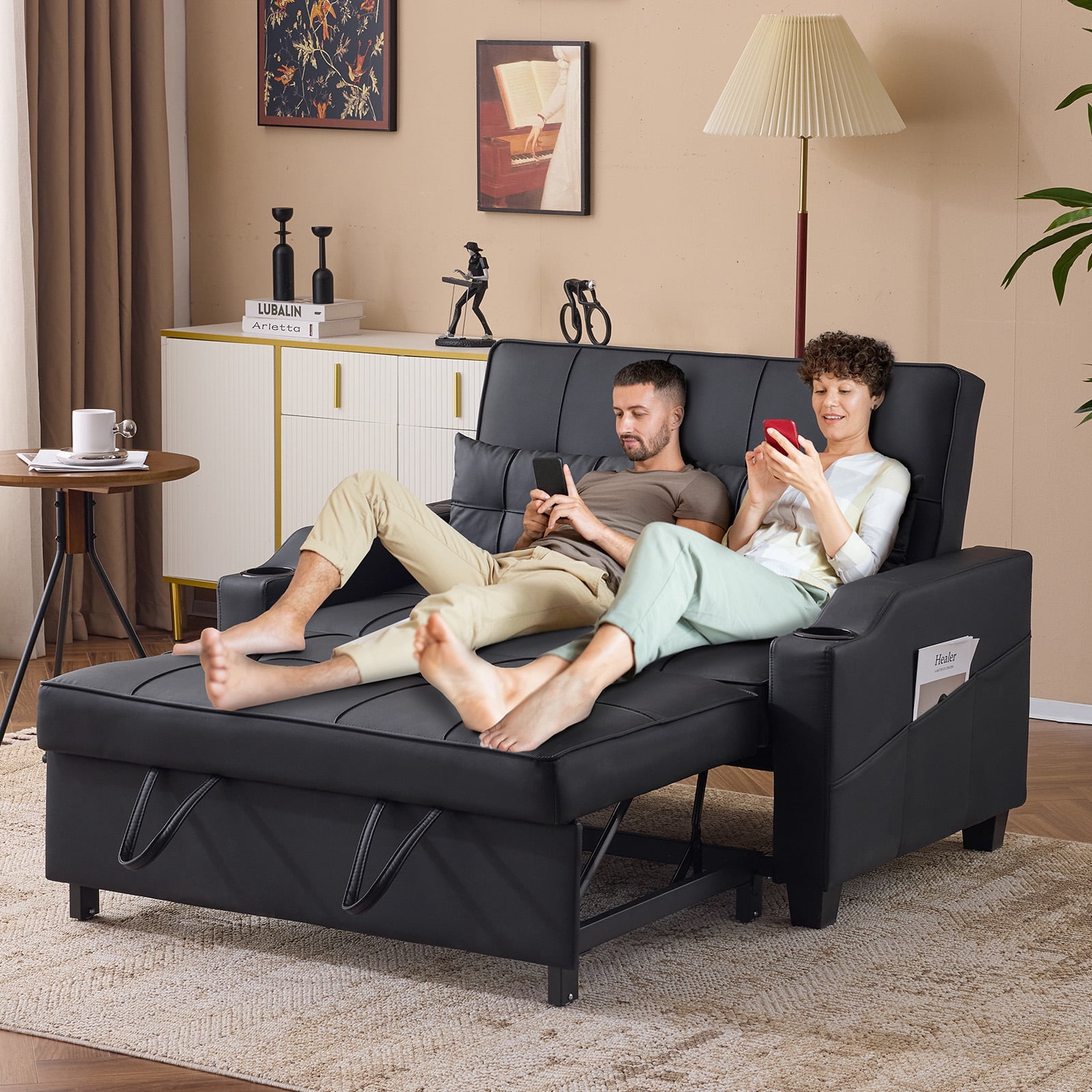 Ktaxon Faux Leather Loveseat Sofa Bed with Side Pockets, Adjustable Backrest Lounge for Living Room, Game Room Black