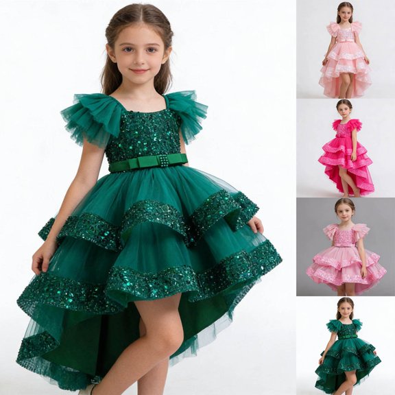 RTKFRFLM Girls High-Low Tulle Princess Gown Kids Flower Girl Wedding Dress Toddler Elegant Formal Evening Gown for Piano Recital and Banquet Performance Dress for Ages 1-10 Years White