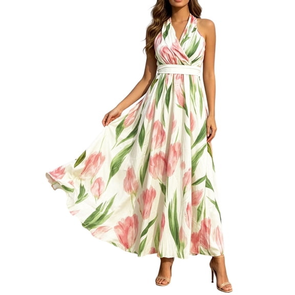 SONXAHE Floral Halter Maxi Dress for Women Sleeveless Wrap V Neck High Waist Formal Sundress
