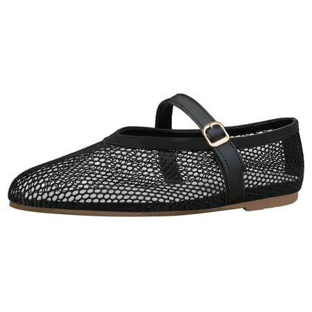 IUJSOY Mesh Ballet Flats for Women Buckle Strap Comfy Casual Office Fishnet Mary Jane Flat Shoes