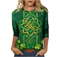 thumbnail image 2 of Xuyuer St. Patrick's Day 3/4 Sleeve Blouse - Ladies' 3/4 Sleeve Printed Round Neck Top for Irish Dance Festivals, Celtic-Themed Celebrations, Folk Style Festival Wear & Clover Embellished Apparel, 2 of 5