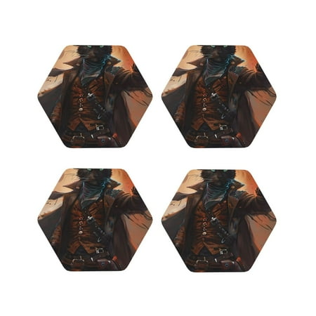 

Lukts Steampunk Cowboy Cat Print Leather Drinks Coasters Set of 4 Suitable or Drinks Furniture Protection and Easy Clean up-Hexagon