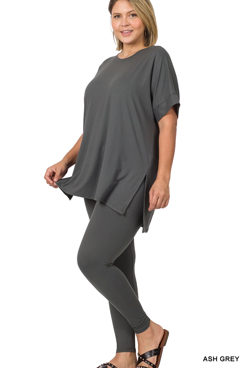 Zenana Women's Brushed DTY Microfier Round Neck Short Sleeve Hi-Low Hem & Full Length Leggings Loungewear Set
