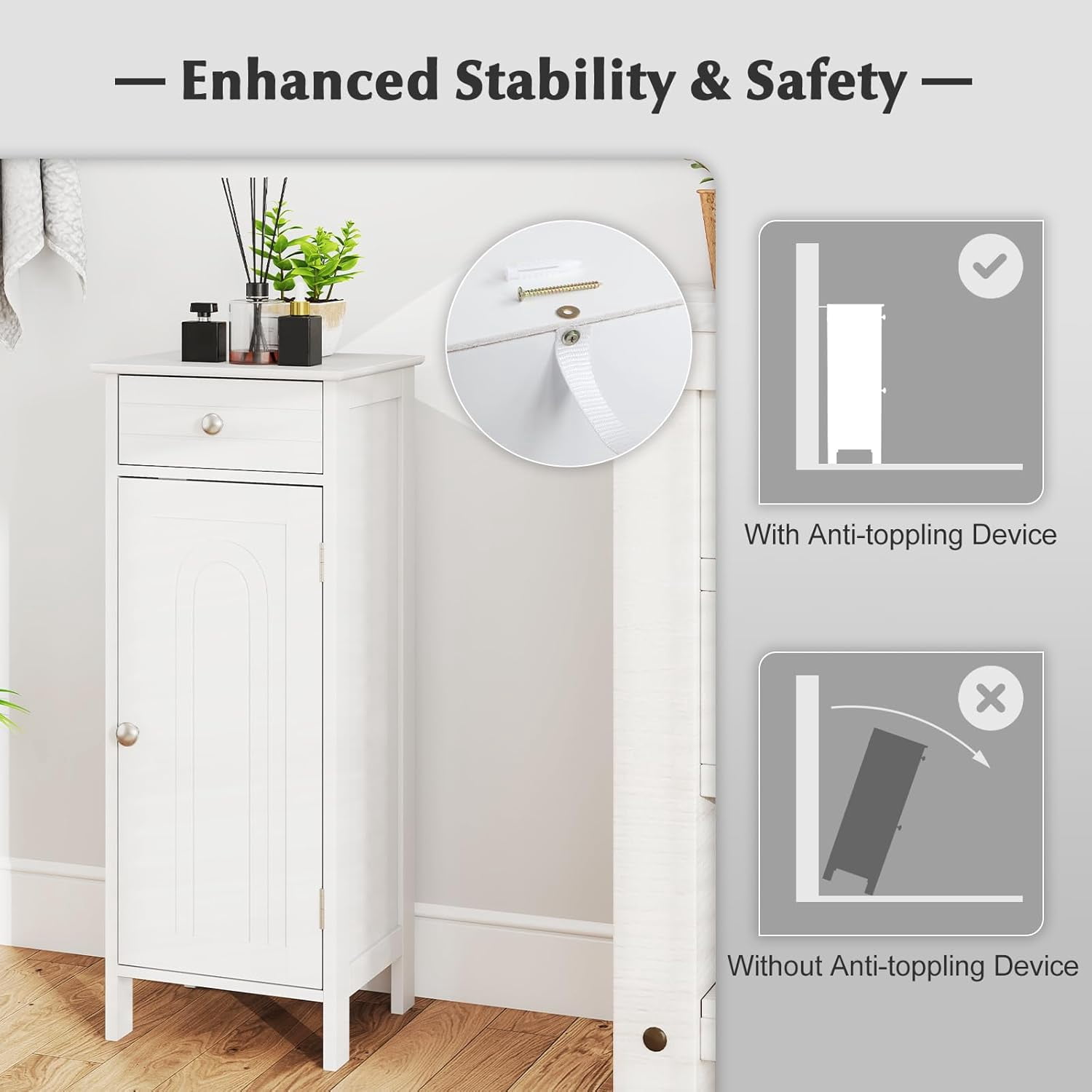 Themis Bathroom Floor Cabinet, Free-Standing Single Door Storage Cabinet with Drawer & 2 Adjustable Shelves, Wooden 14”L Narrow Side Storage Organizer for Small Spaces, Living Room, Kitchen (White)