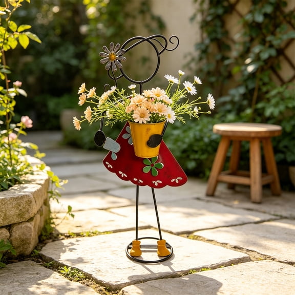Garden Planter Statue,Vintage Painted Iron Character Figurine Detachable Small Metal Bucket Stable Round Base,Outdoor Fleshy-leaved Plant Flower Pot for Yard Patio Flower Bed Layout