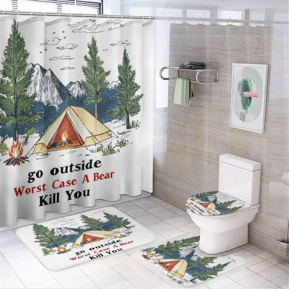 Shower Curtain Sets with Rugs 4 Piece Bath Mat U-Shaped Floor Mat Toilet Lid Oval Rug Go Outside Worst Case A Bear Kill You Durable And Waterproof Nature Landscape for Bathroom Decor