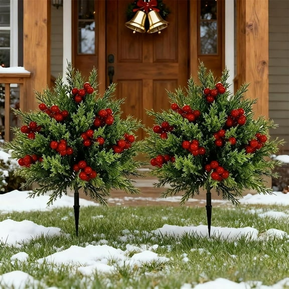 YIFUNIN Artificial Cedar Topiary Ball Trees with Red Berries and Ground Spike, UV Resistant Plant for Christmas Front Door Decorations