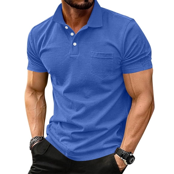 Yifymode Men's Cotton Short Sleeve Polo Shirt, Button-Down Collar Pocket Classic Fit Casual Top Blue L
