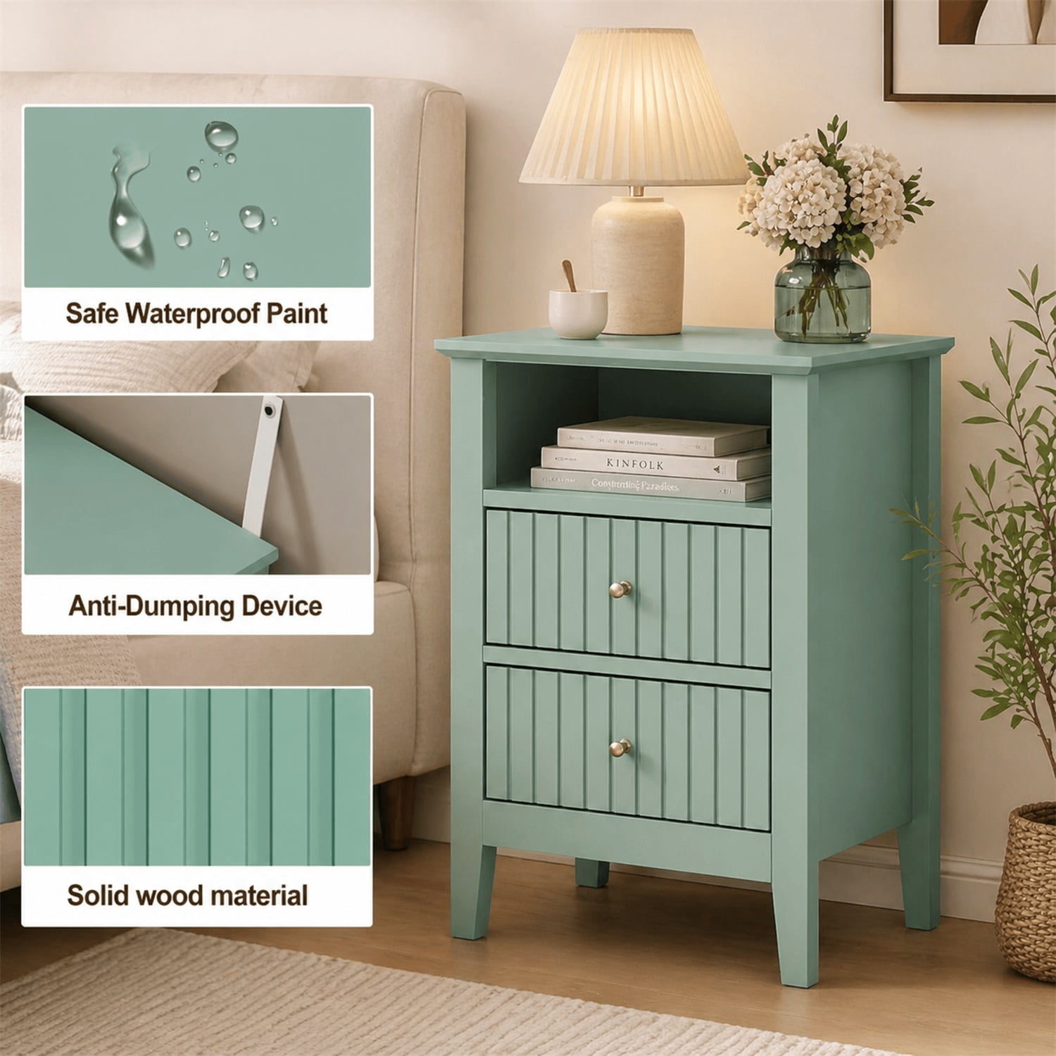 Hommoo 18"W Wooden Fluted Nightstand Set of 2,with 2 Drawers & Open Shelf, Modern Bedroom Sofa Side Table, Green