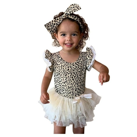 

GWAABD Toddler Girl Clothes Summer Yellow Cotton Blend Toddler Kids Baby Girls Leopard Print Bow Princess Dress Headband Outfits Set 90