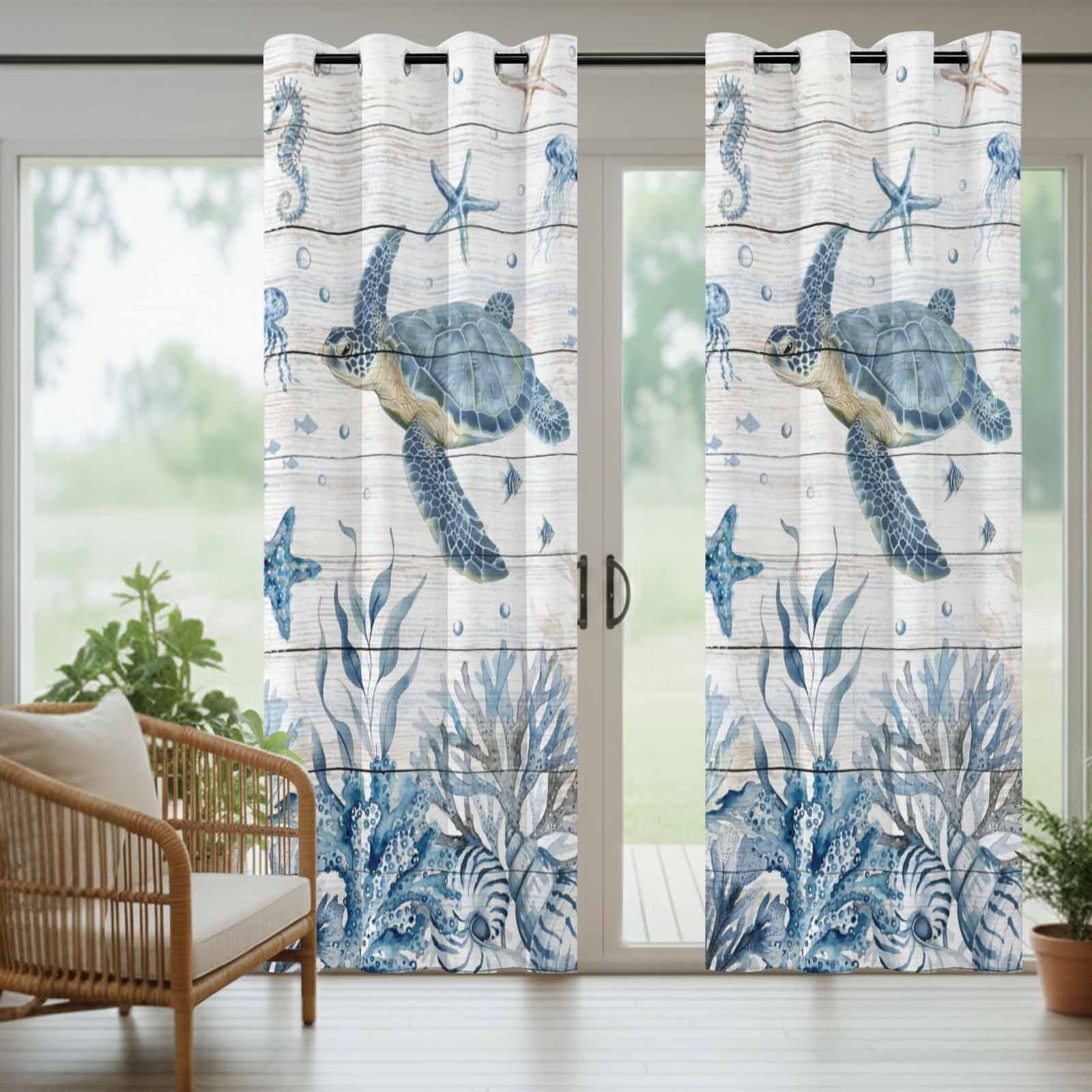 Marine Life Outdoor Curtains for Patio, Ocean Turtle Coral Starfish Seashell Coastal Wood Grain Sunshade Privacy Drapes Grommet Waterproof Outside Curtains for Porch/Cabana/Balcony 54"x 108", 1 Panel