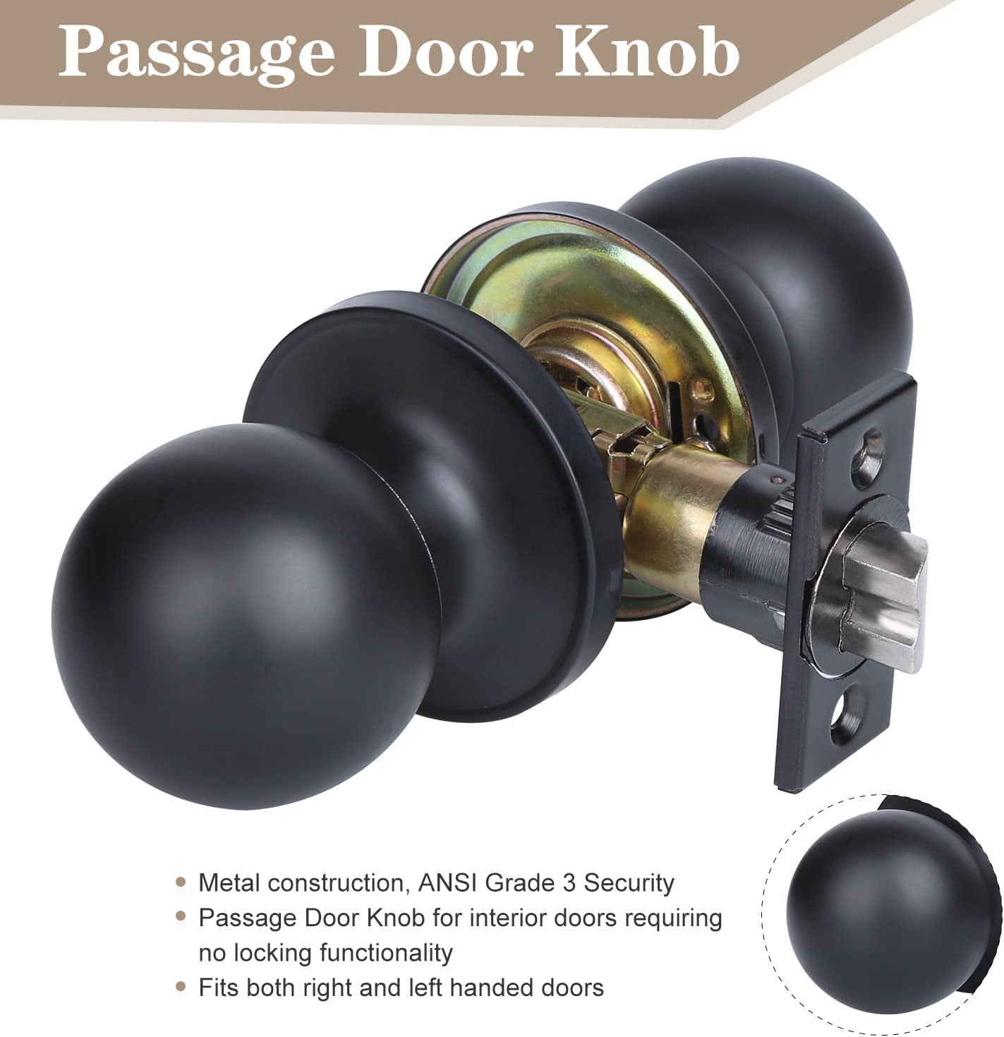 YIHATA Passage DoorKnob, Keyless Round Knob Set for Hallway or
