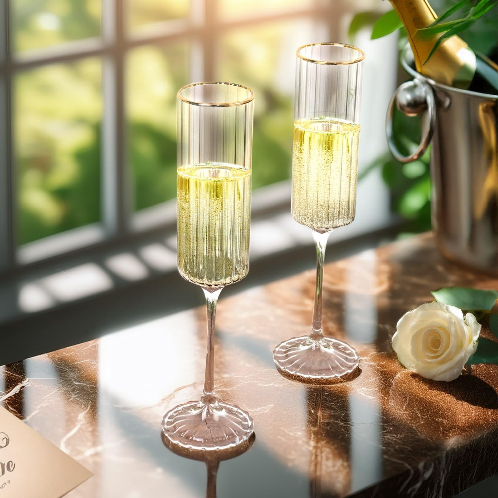 Efavormart 6-Pack Modern Champagne Flutes – 7oz Real Glass, Clear Ribbed Cylindrical Design with Gold Rim, Elegant Toasting Glasses for Weddings & Celebrations – 9.5" Tall
