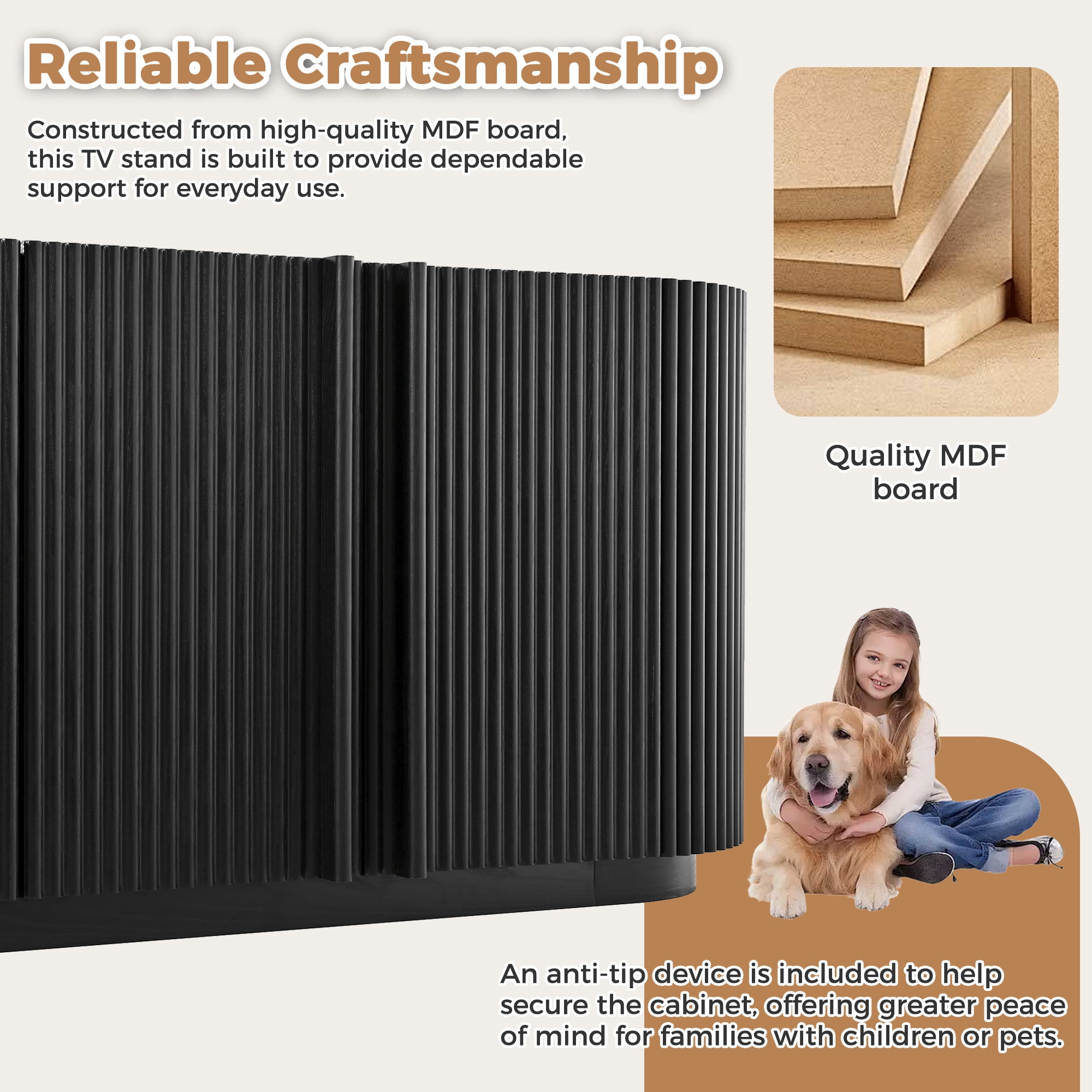 TV Stand with Fluted Tambour-Style Door and Adjustable Shelves, Mid Century Media Console and Entertainment Center for TVs up to 70 Inch, Black