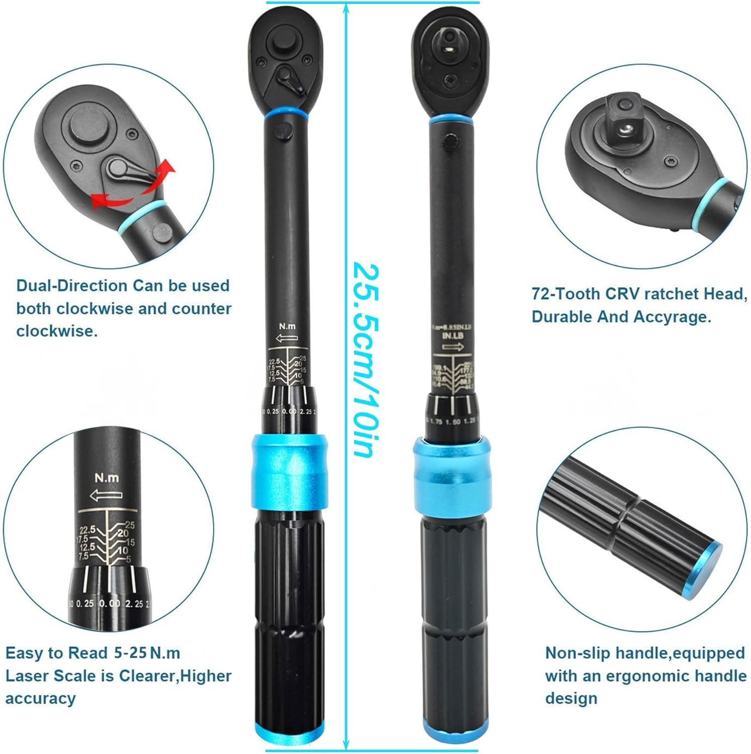 1/4 Inch Pound Torque Wrench, 5-25 N·m/44.3-221.3 in·lb, 72-Tooth Click Type, Dual-Direction Adjustable, 1/4-Inch Drive Newton Meter Wrench for Bicycle, Motorcycle, Electronics & Car Repair