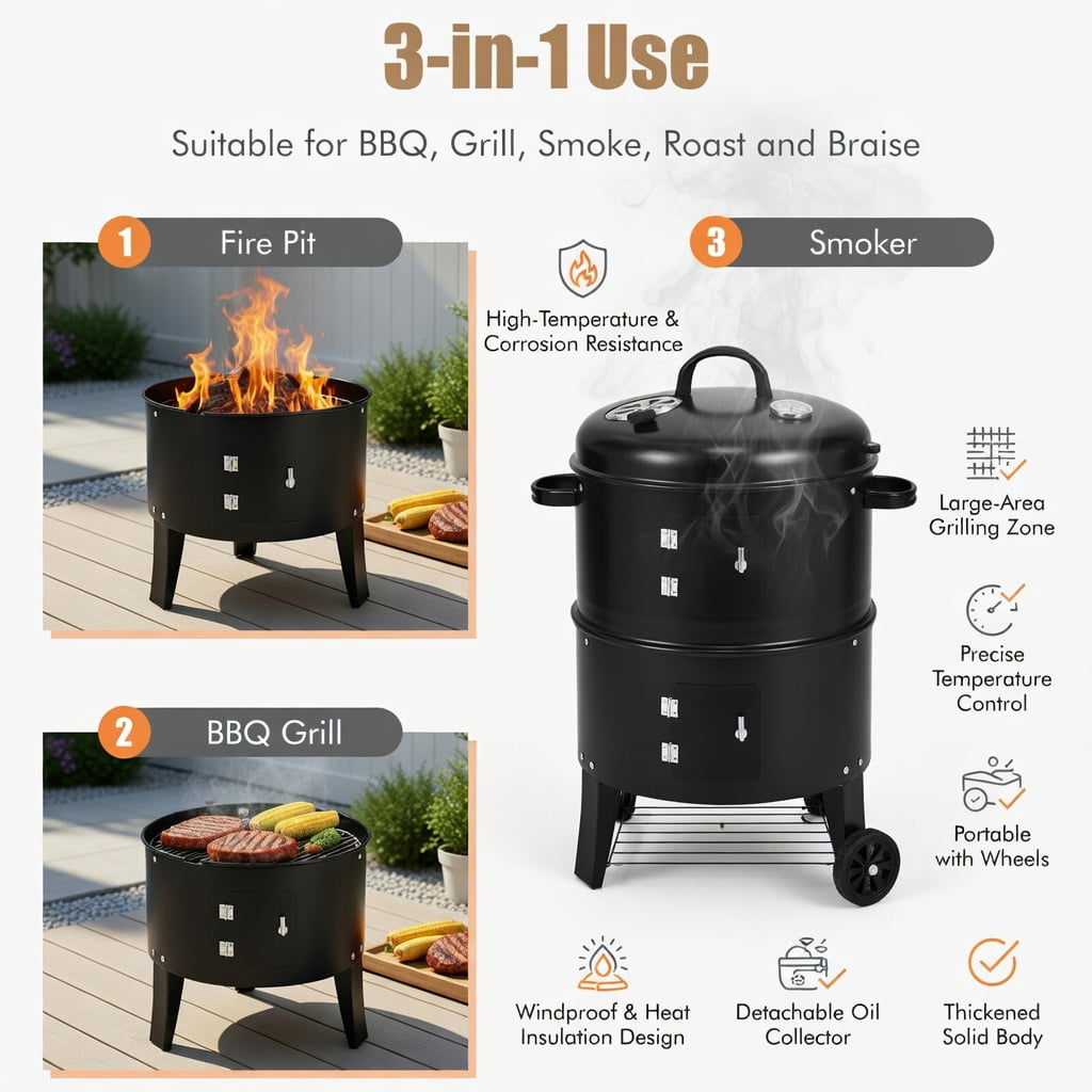Resenkos Outdoor Patio Barbecue Cooker, Outdoor Grills,3-in-1 Charcoal BBQ Grill Cambo with Built-in Thermometer