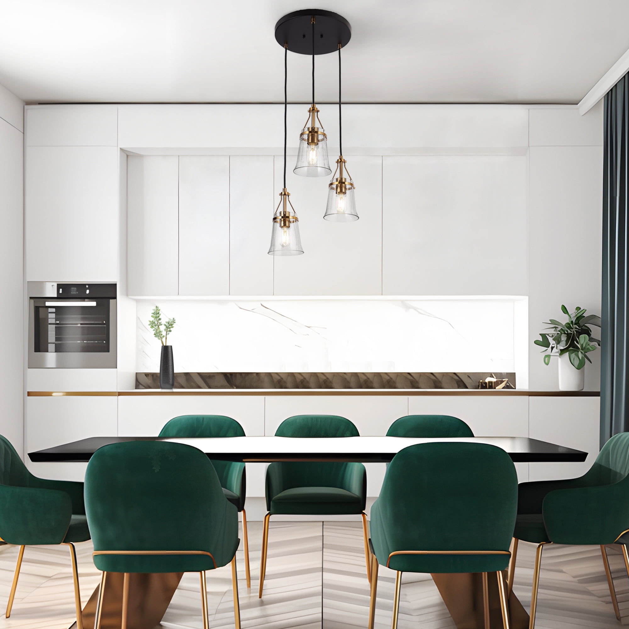 LNC 3-Light Black and Gold Linear Pendant with Seeded Glass for Kitchen Island