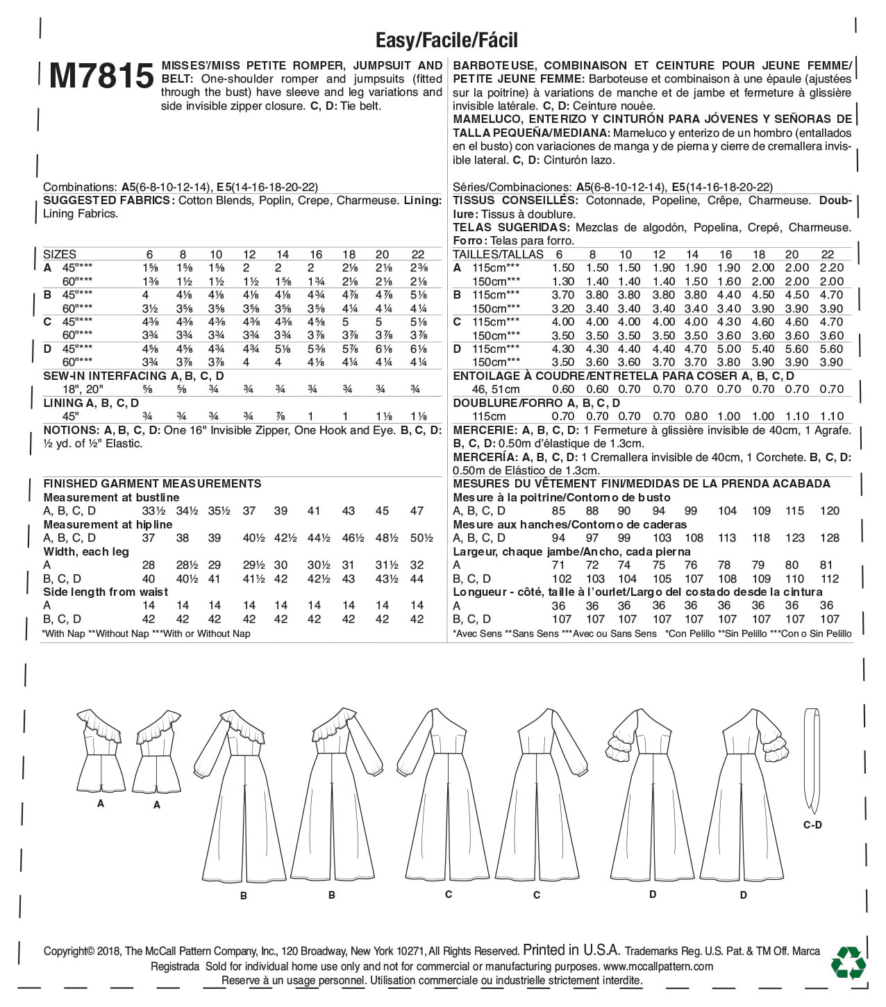 McCall's M7815 Misses'/Miss Petite Romper Jumpsuit and Belt