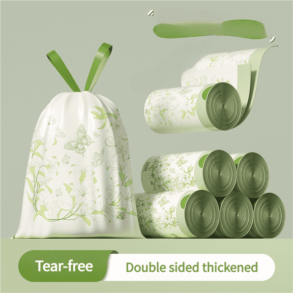 Household Kitchen Garbage Bag with Handle 45 * 50cm, Roll 50 Pieces, Drawstring Closure, Thick Drawstring