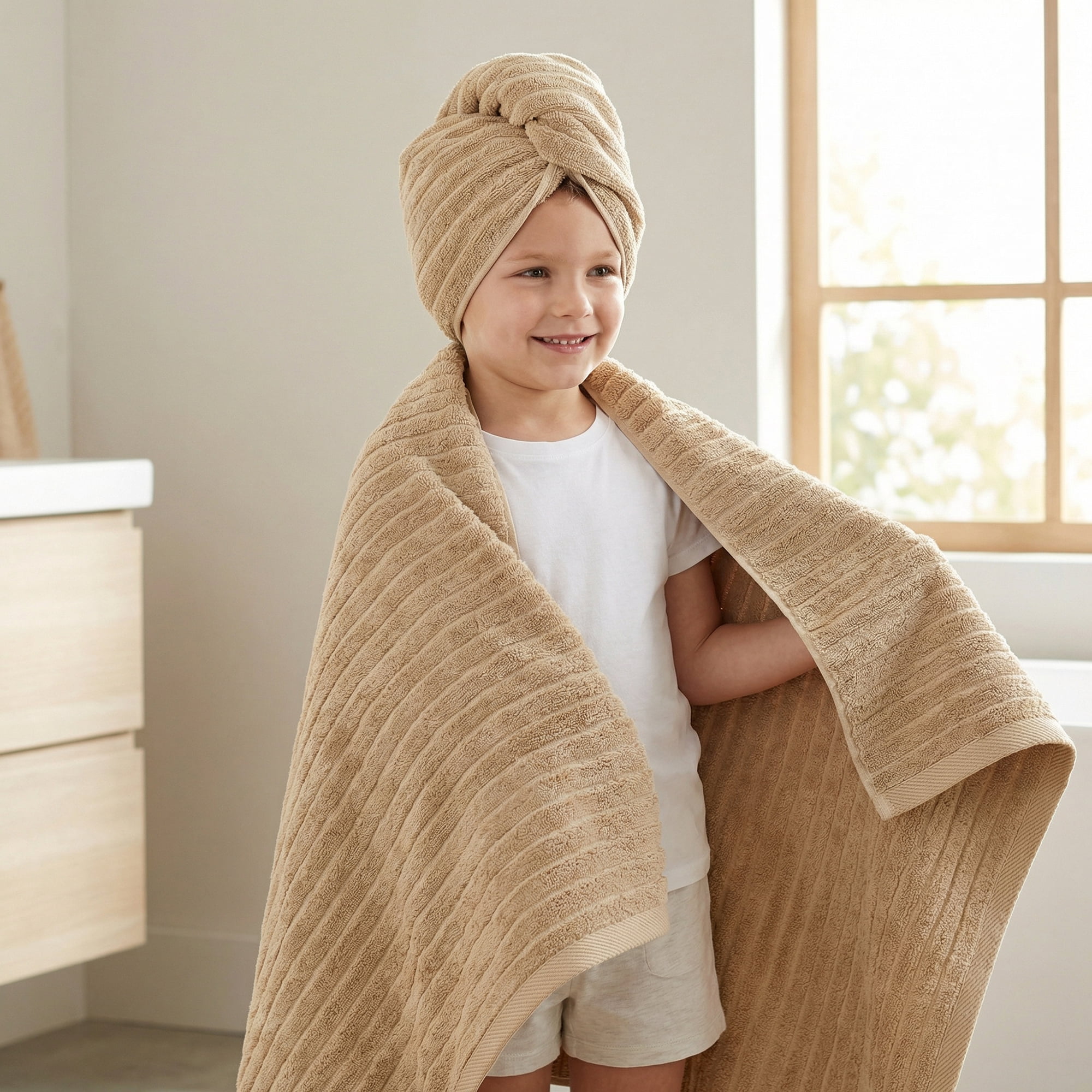 Unique Bargains Ultra Soft Absorbent Striped Cotton Bath Towel Light Brown 55" x 28"